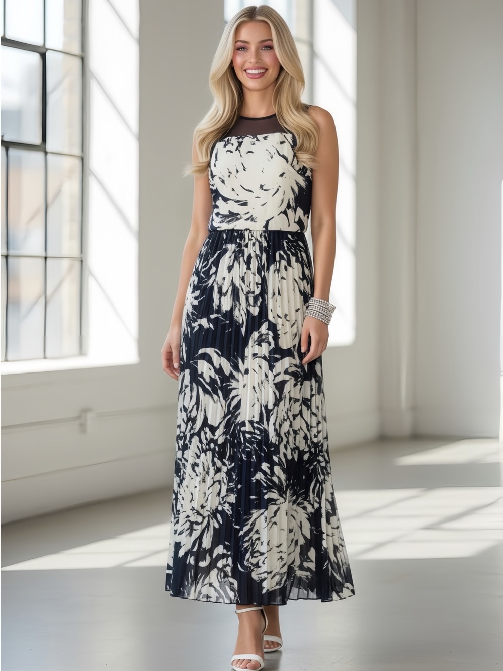 Sleeveless Navy and White Floral Maxi Dress